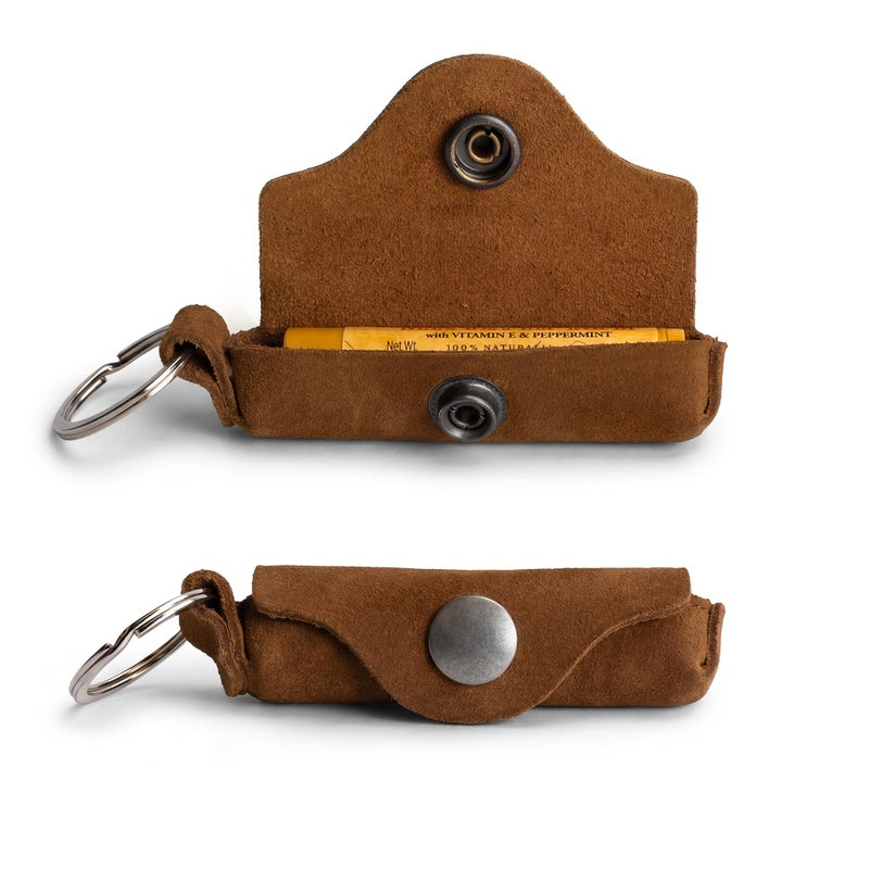 Hide & Drink, Rustic Leather Lip Balm Keychain Holder, Classic Vintage, Brass Metal Clasp (Swayze Suede) - Image 1